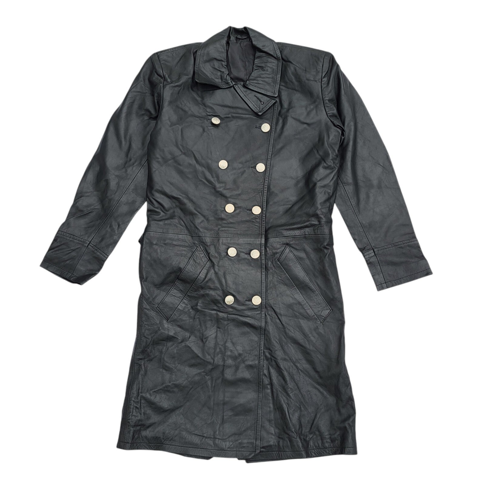 Vintage 90s Button Black Leather Coat UK Women's Size 14