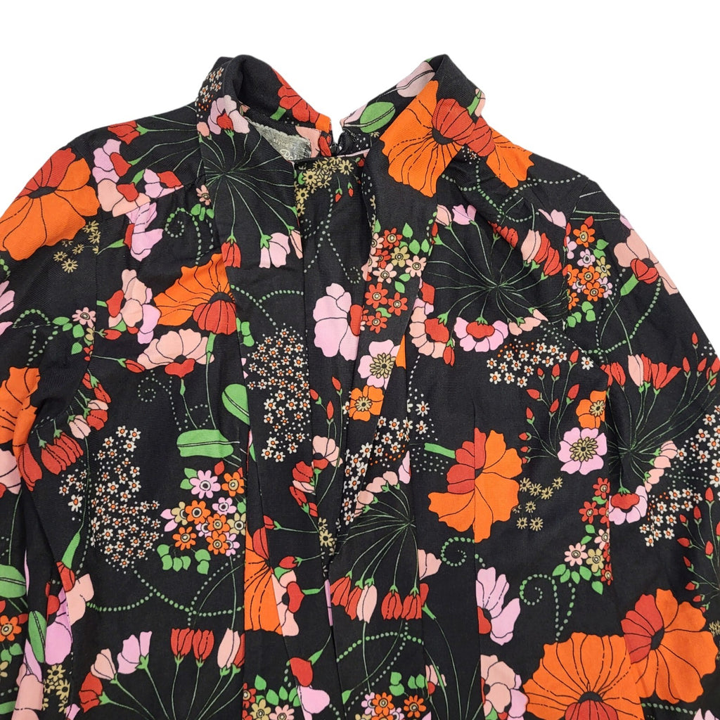 Tru Poise Fashions 70s Vintage Black & Orange Floral Long Sleeve Dress Womens 12
