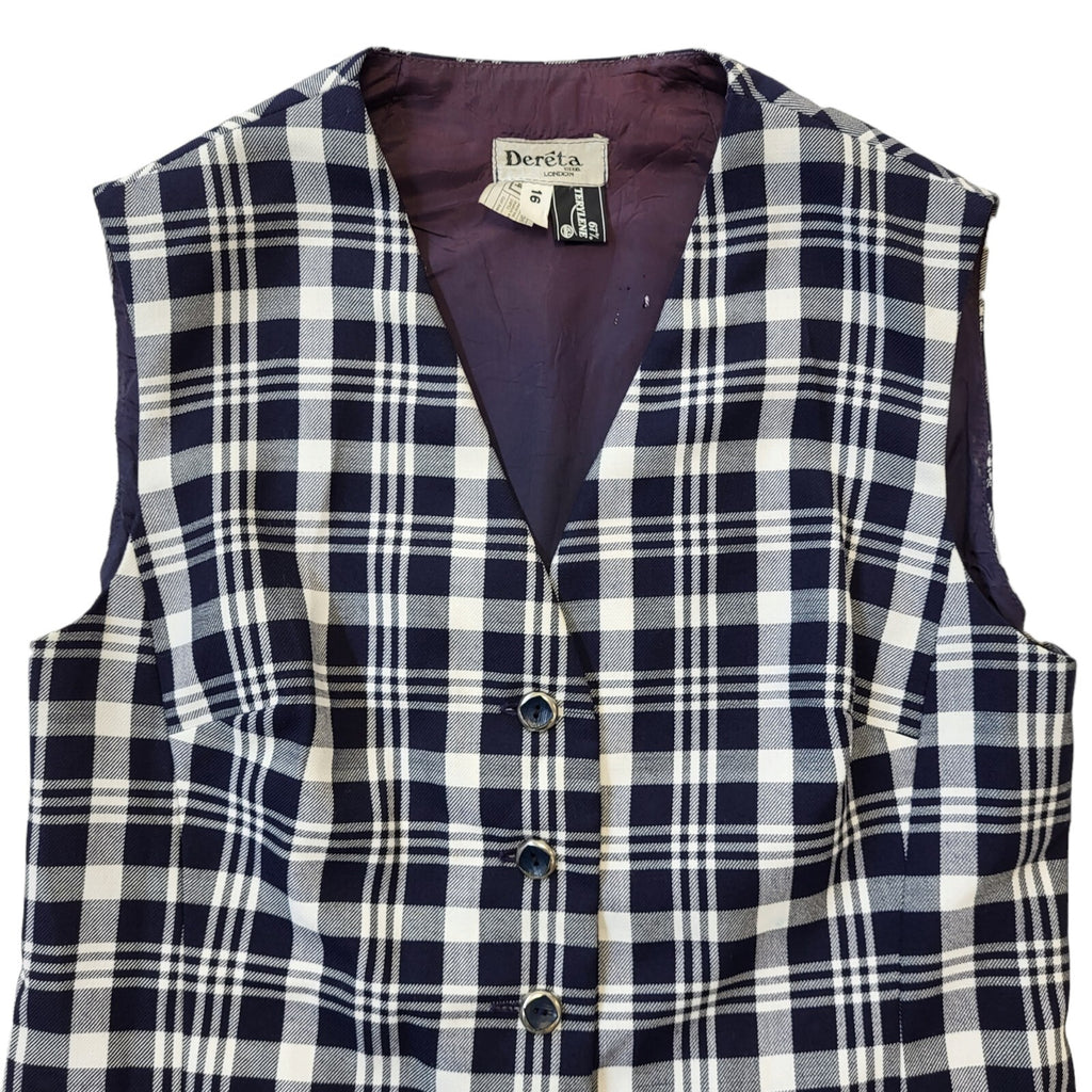 70's Vintage Dereta Navy Blue Check 2 Pocket Waistcoat Womens UK 16