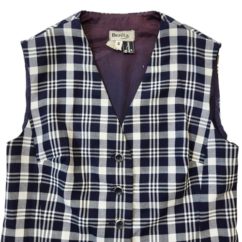 70's Vintage Dereta Navy Blue Check 2 Pocket Waistcoat Womens UK 16