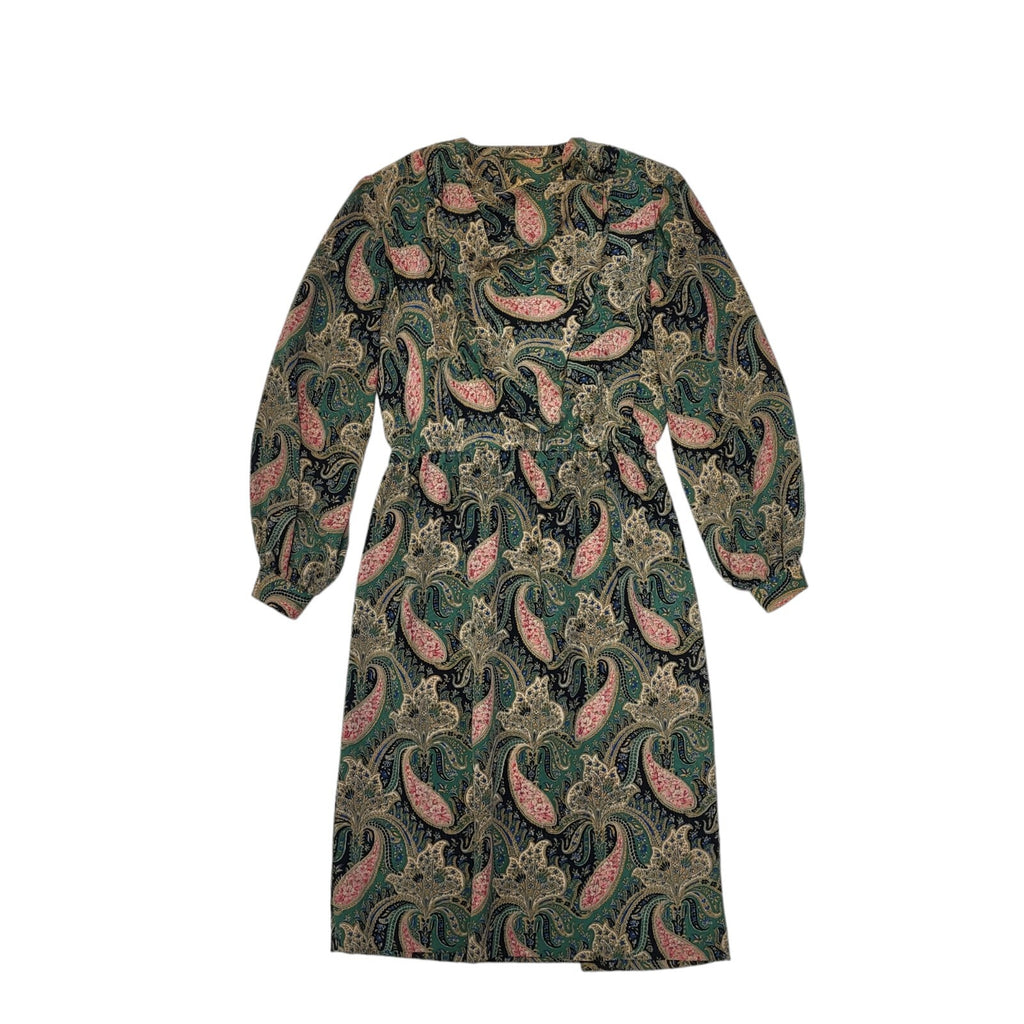 80s Vintage Green Paisley Print Long Sleeve Daywear Dress Women's 12