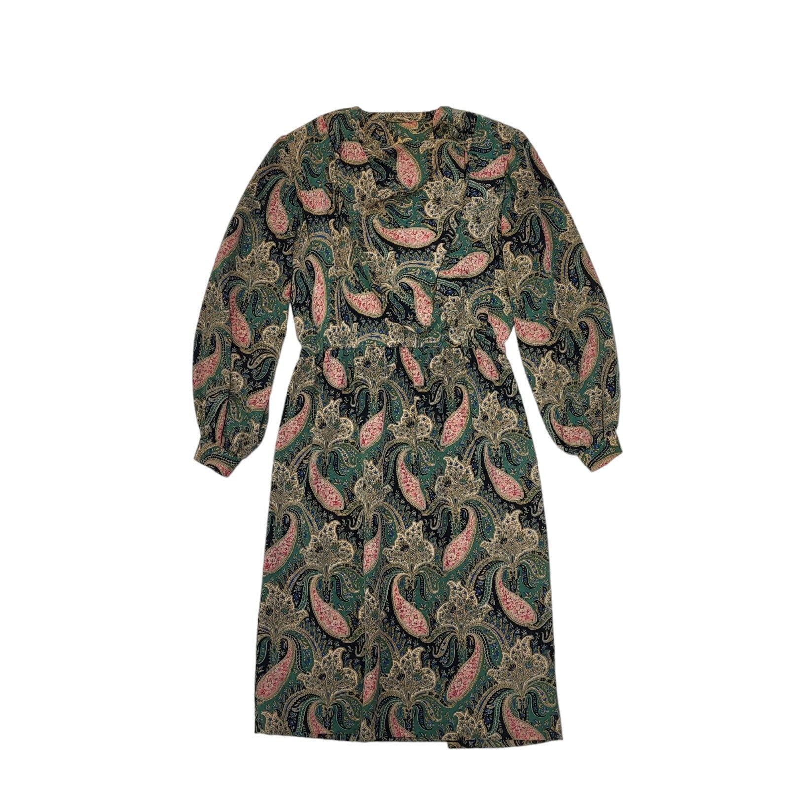 80s Vintage Green Paisley Print Long Sleeve Daywear Dress Women's 12