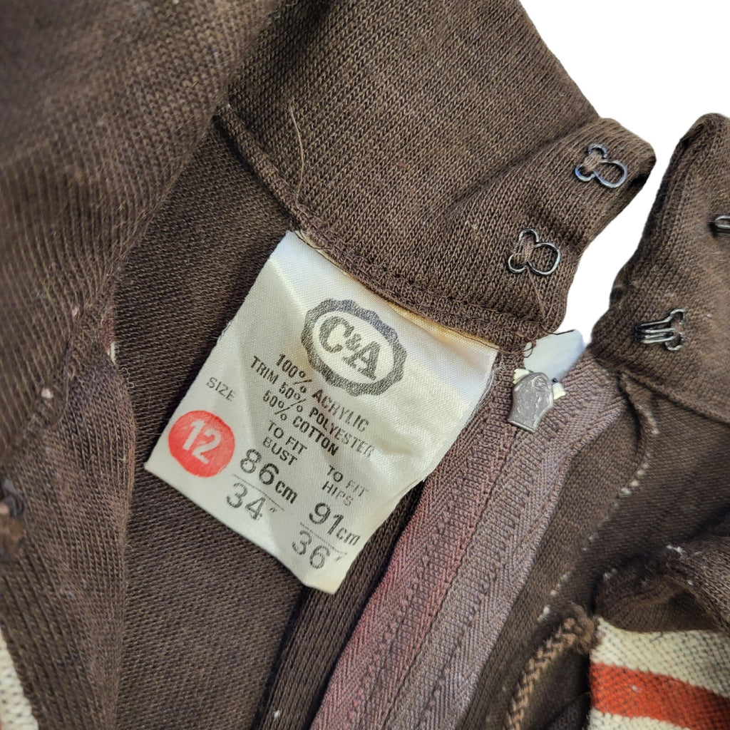 C&A 70s Vintage Brown V-Neck Collared Smock Dress Women's 10