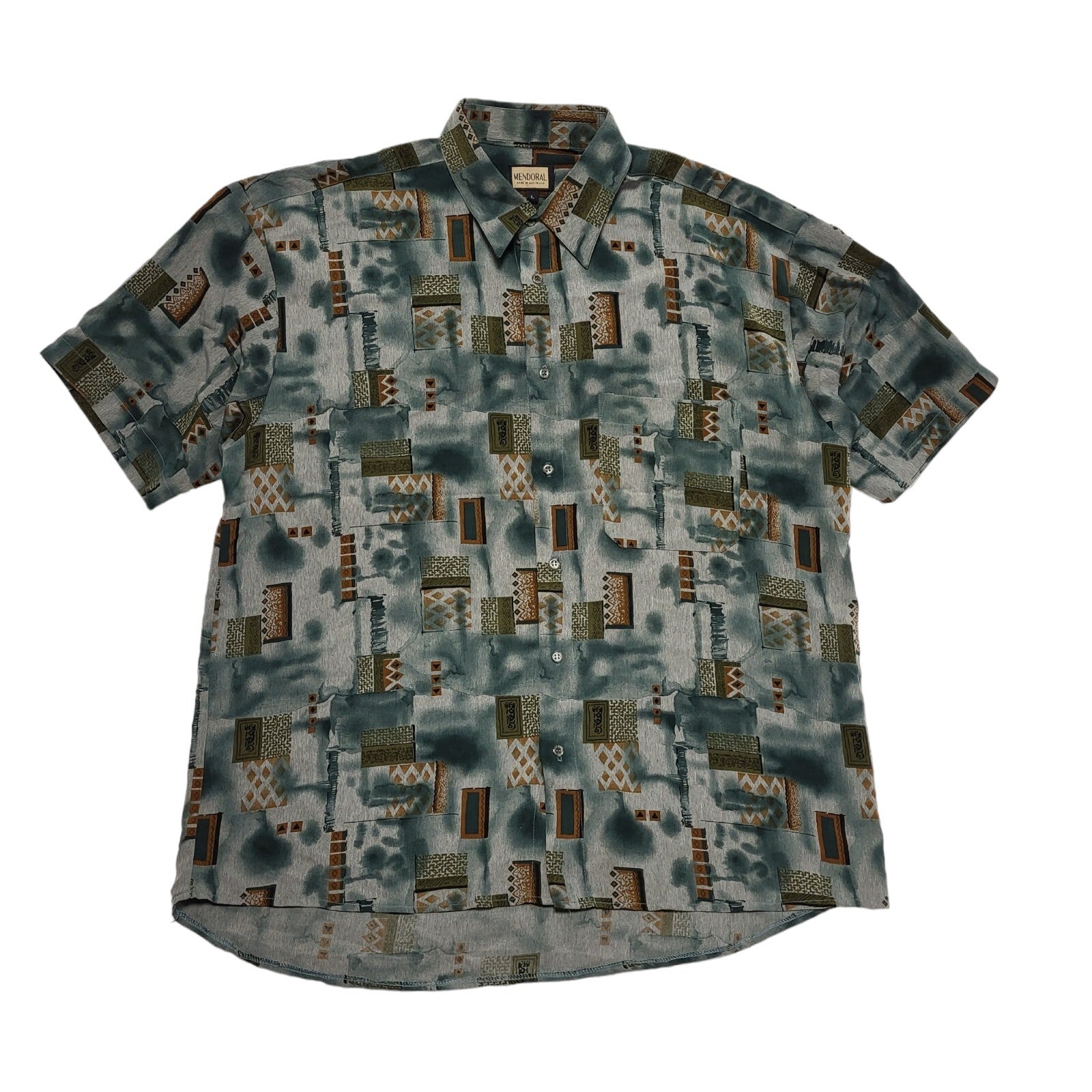 Mendoral 80's Green & Brown Retro Abstract  Short Sleeve Shirt Mens UK Size L