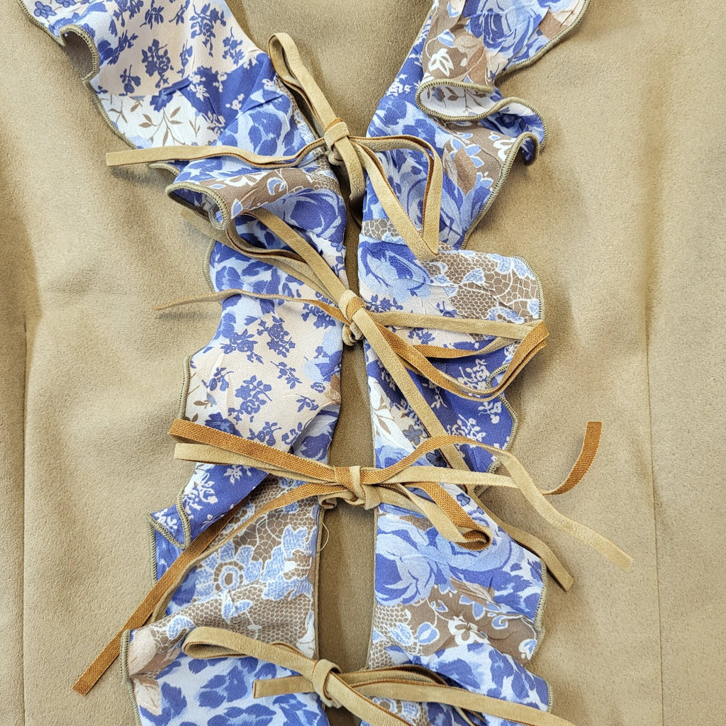 Canda 90s Vintage Brown & Blue Tie Front Ruffle Blouse Women's 12