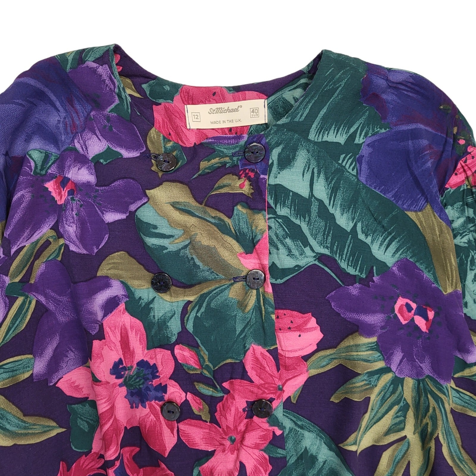 St Michael 80s Vintage Purple & Green Floral Daywear Dress Women's Size 12