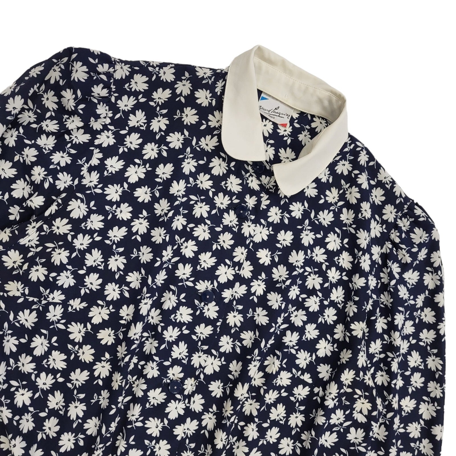Gerard Pasquier French 80s Navy & White Floral Collared Dress Women's 14