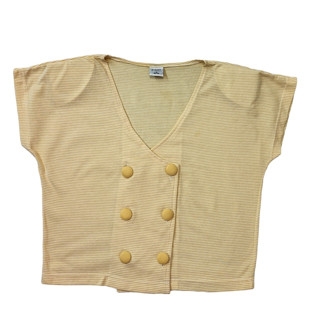80s Vintage Yellow Striped Short Sleeve Button-Up Blouse Women's M