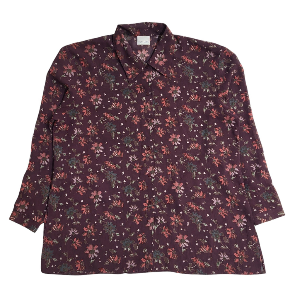 New Look Maroon 90's Long Sleeve Floral Tie Waist Shirt Women's UK Size 16