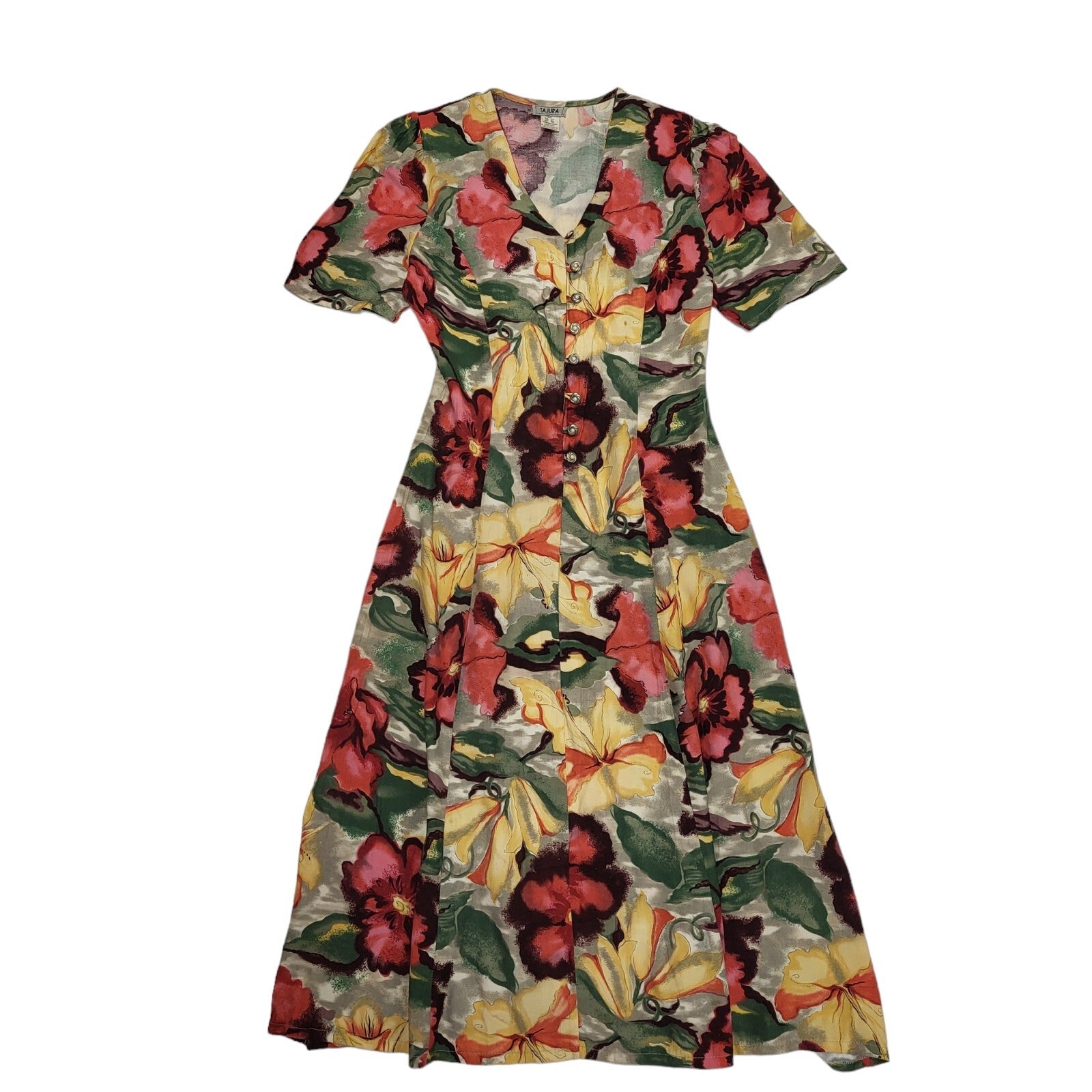 Tajura 80s Vintage Floral Multicoloured Buttoned A-Line Daywear Dress Women's 10