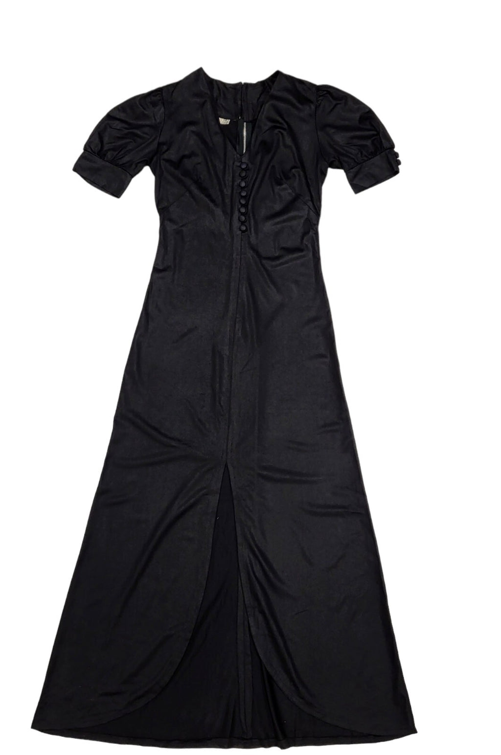 70s Vintage Black V-Neck Button Front Split Maxi Dress Women's Size 8