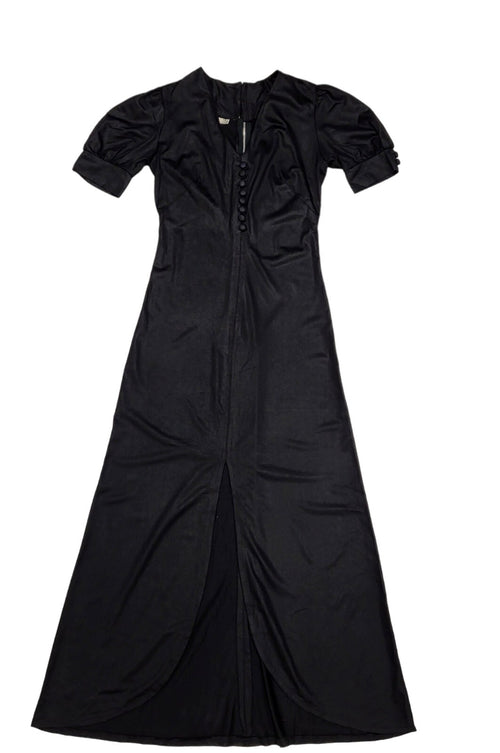 70s Vintage Black V-Neck Button Front Split Maxi Dress Women's Size 8