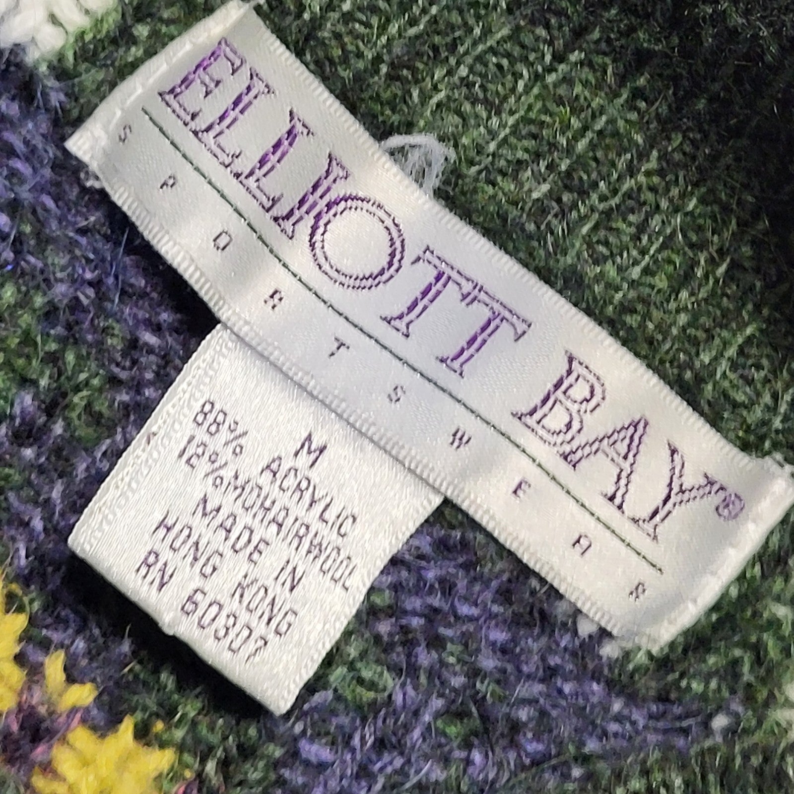 Elliott Bay Green White Vintage 90s Crew Neck Jumper Uk Men's Size M