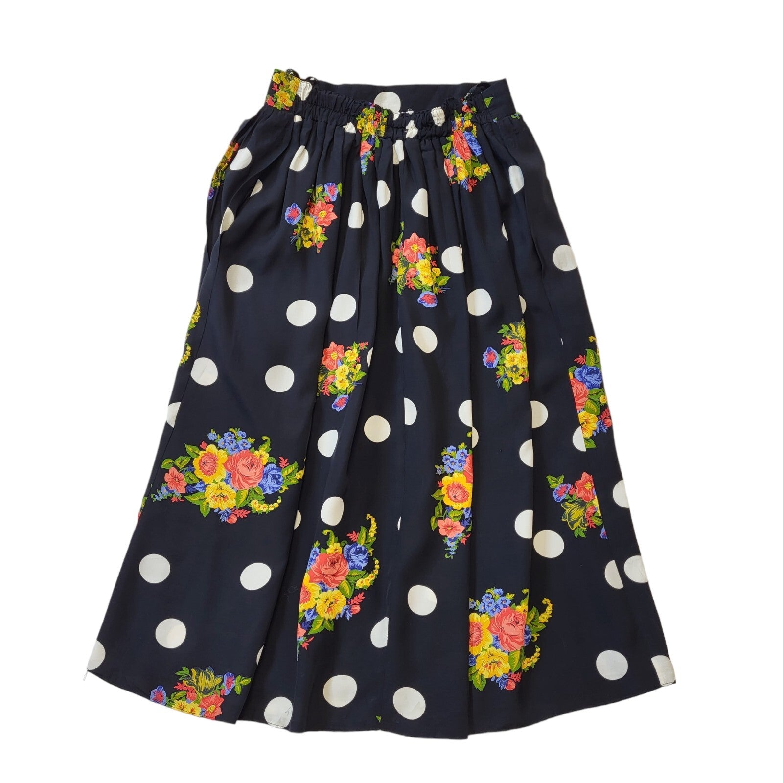 80's Vintage Black Floral Polka Dot Skirt Women's Size 14 EU 42 W32