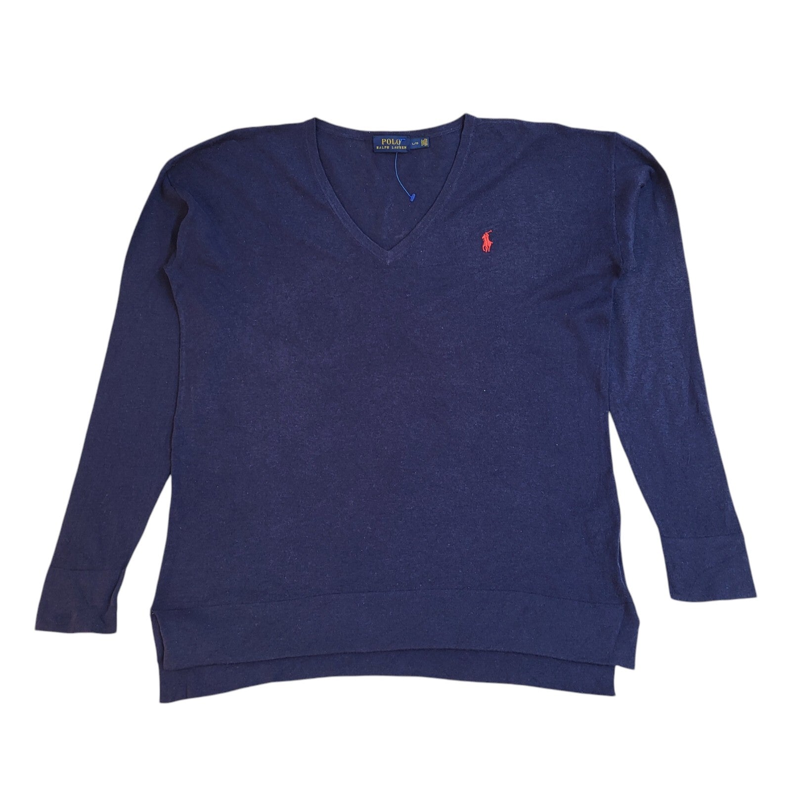 Polo Ralph Lauren Blue Y2K V-Neck Long Sleeve Jumper UK Women's Size L