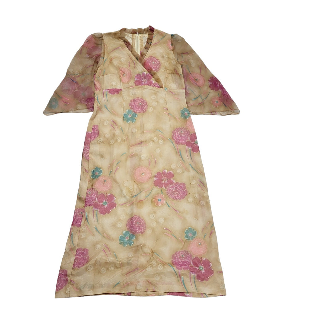 70s Vintage Brown Beige  Pink Flower Maxi V-Neck Dress Women's Size 12