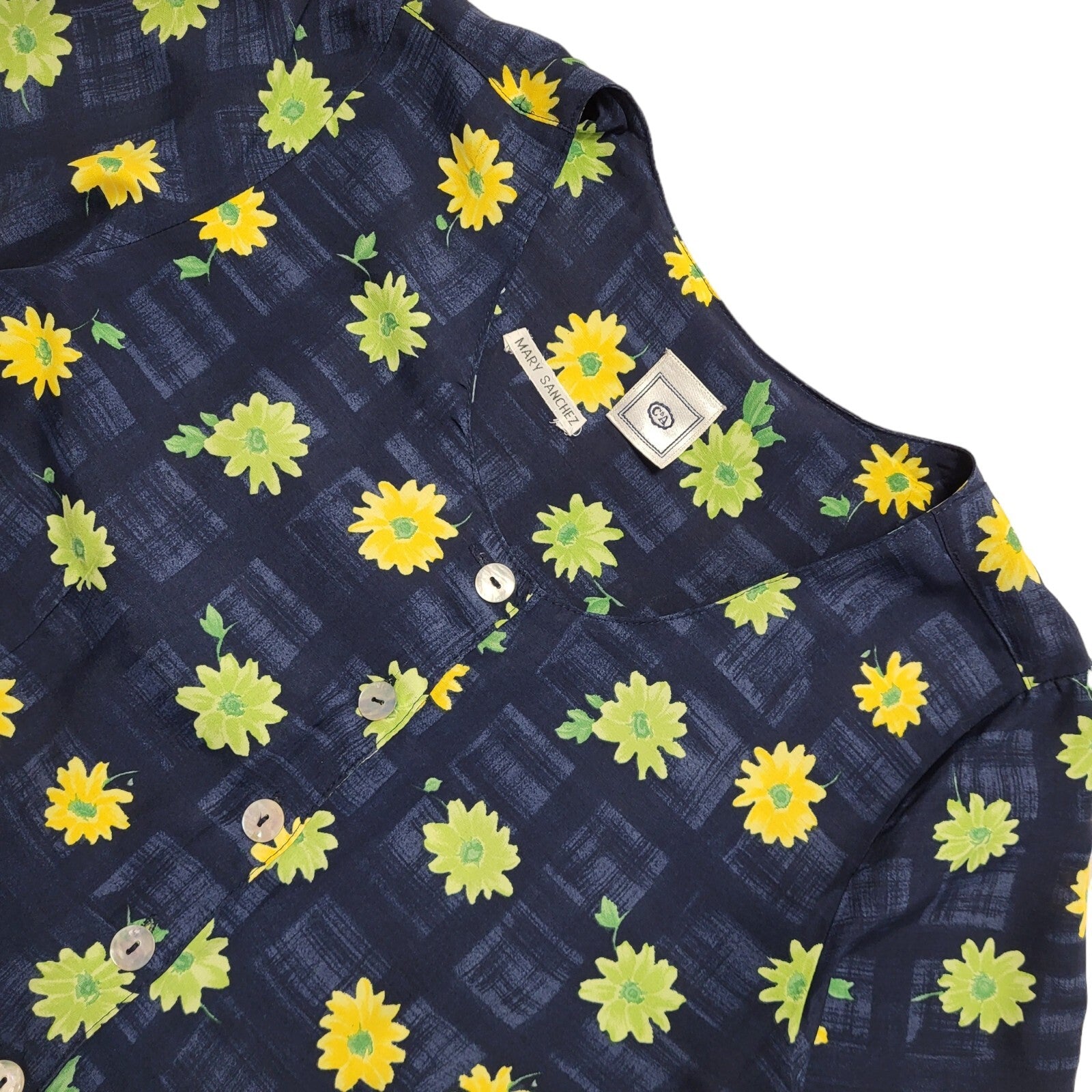 C&A Vintage 90s Blue Yellow Floral Fit & Flare Dress Uk Women's Size 12 W30