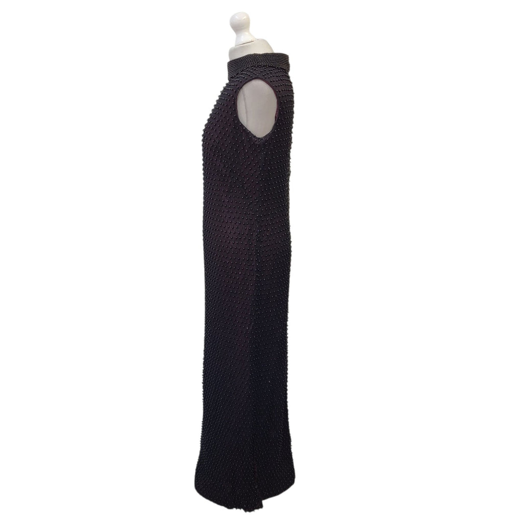 Ellis  Vintage 70's Black Burgundy Beaded Heavy Lace Long Dress Womens UK L 12
