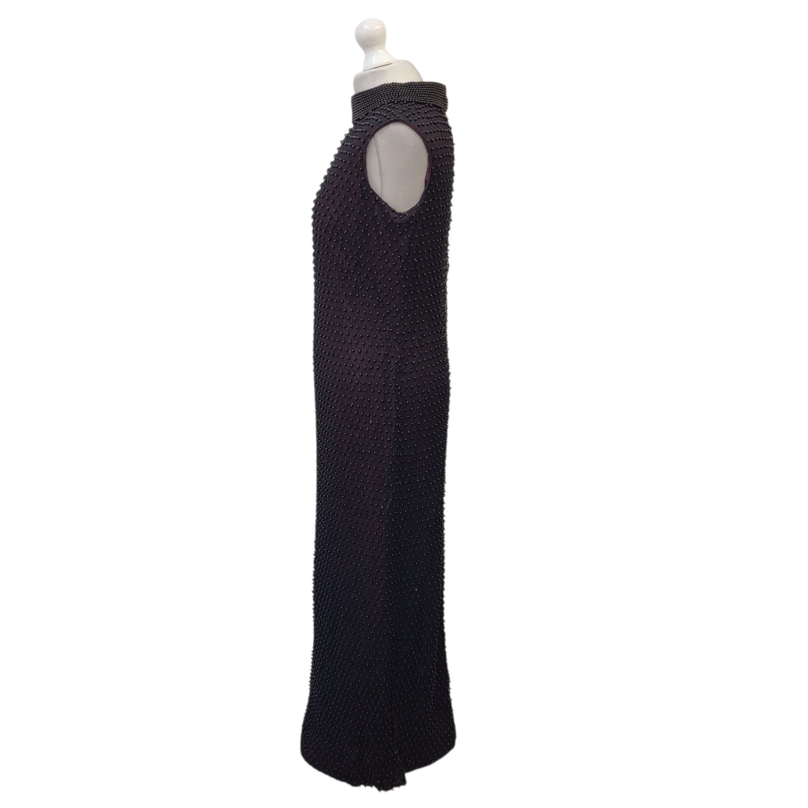 Ellis  Vintage 70's Black Burgundy Beaded Heavy Lace Long Dress Womens UK L 12