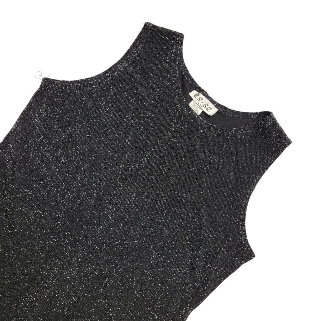 Es.Se Vintage 80's Black & Silver Sleeveless Long Glitter Dress Womens UK L