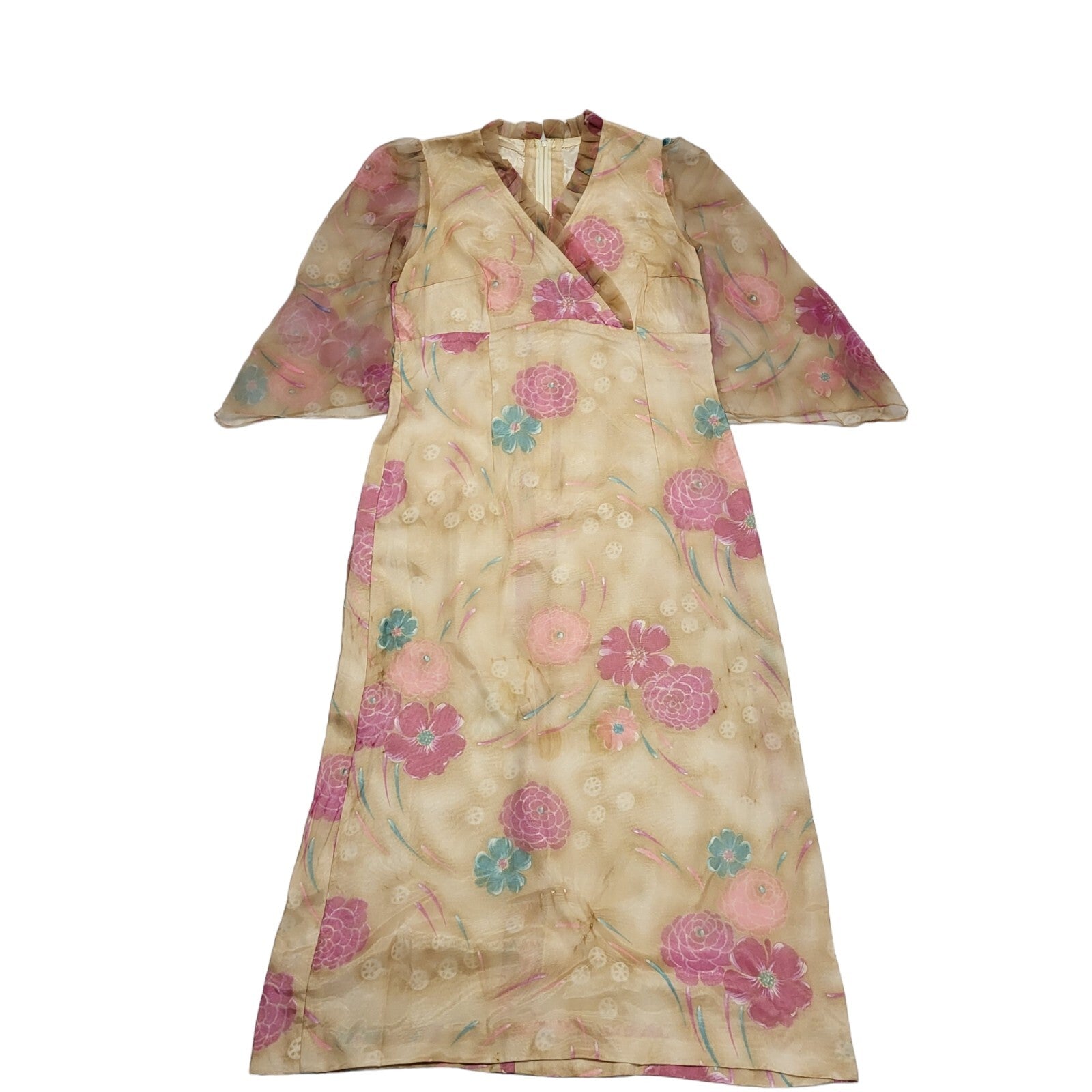 70s Vintage Brown Beige  Pink Flower Maxi V-Neck Dress Women's Size 12