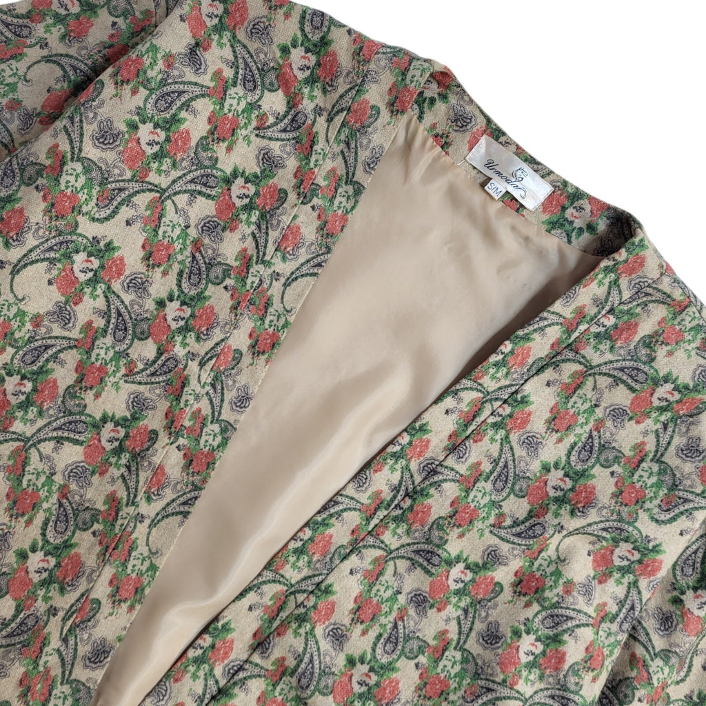 Urmoda 80s Floral Open Front Beige Short Sleeve Jacket Uk Women's Size Small