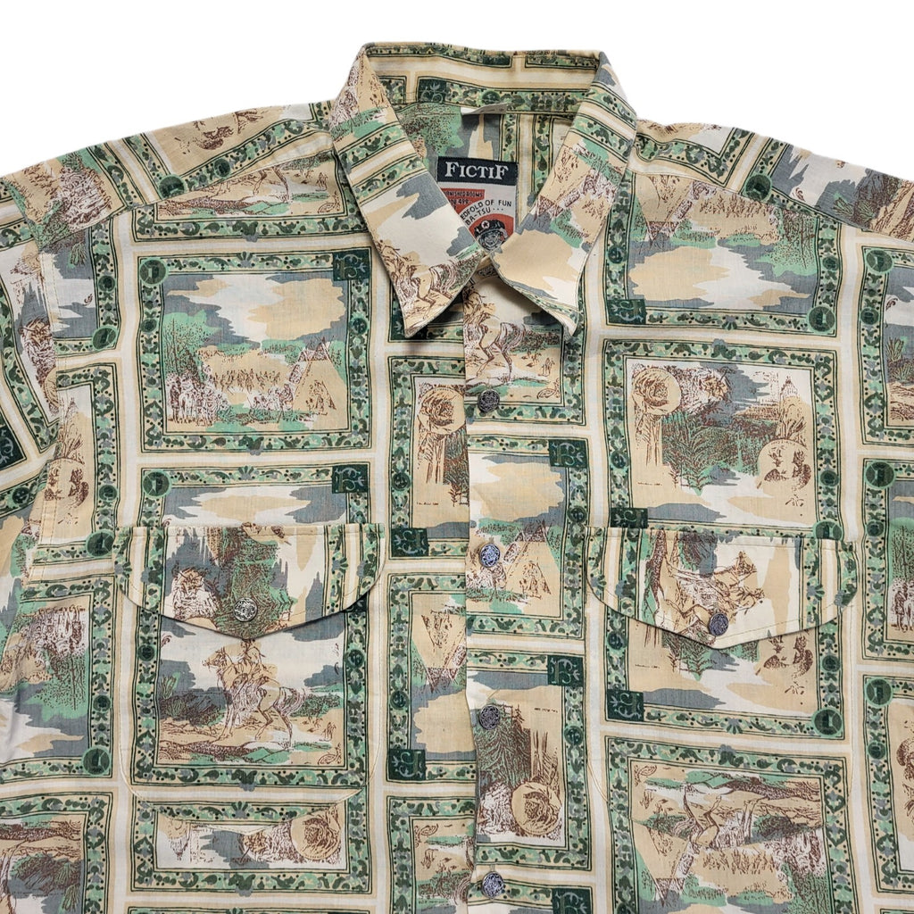 Fictif 90s Green Beige Abstract Short Sleeve Retro Shirt Uk Men's Size M