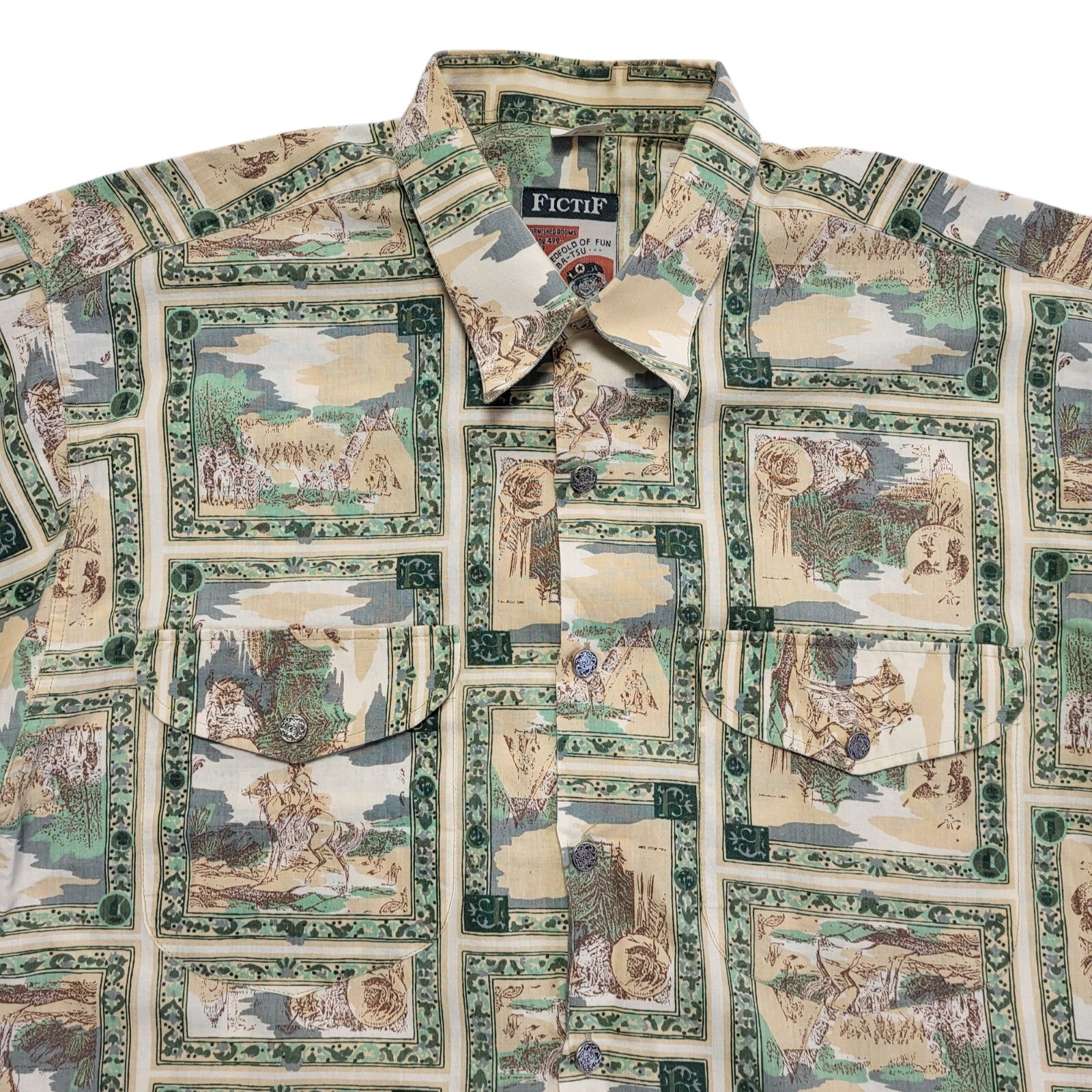 Fictif 90s Green Beige Abstract Short Sleeve Retro Shirt Uk Men's Size M