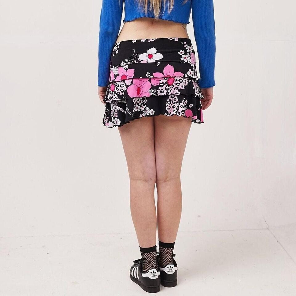 La senza Girl Vintage 90's Black & Pink Floral Mini Skirt Womens UK M W28
