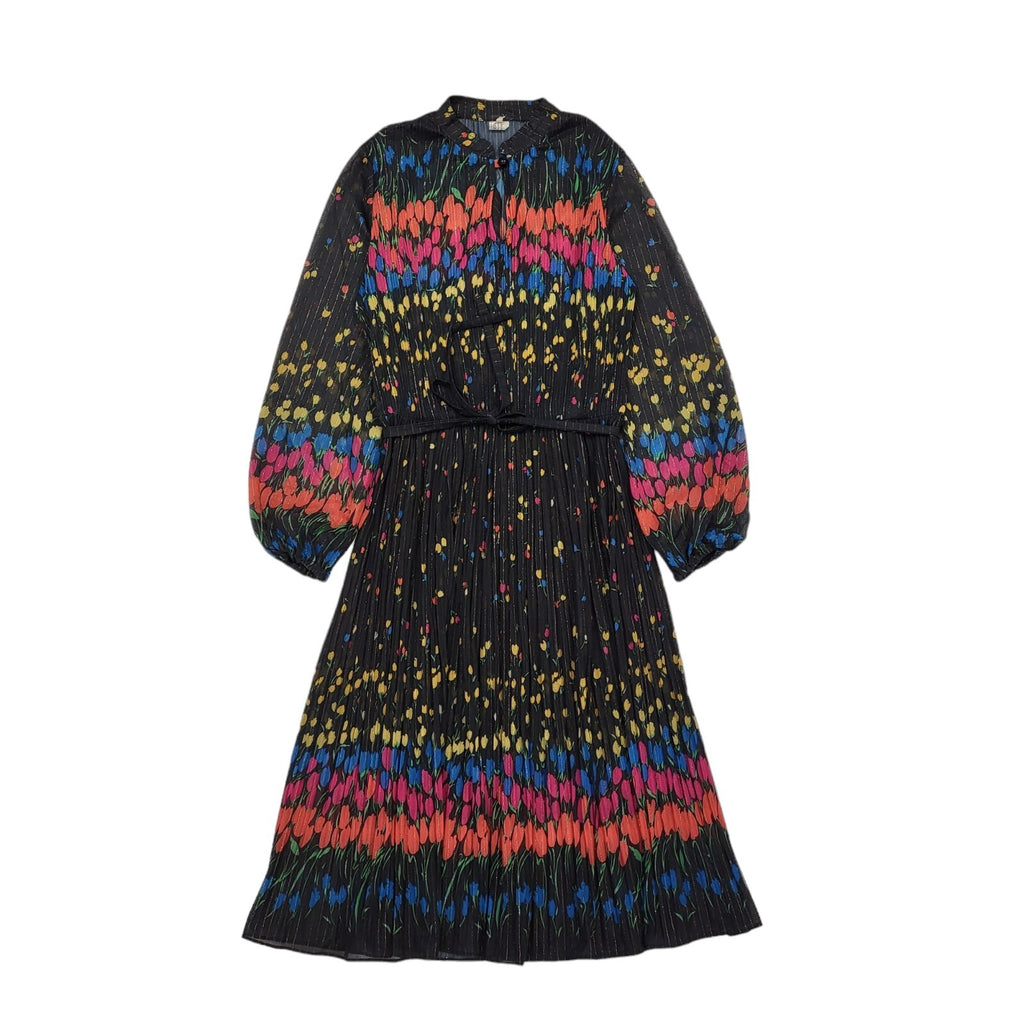 70s Vintage Black Floral Long Sleeved Belted Dress Women's 12