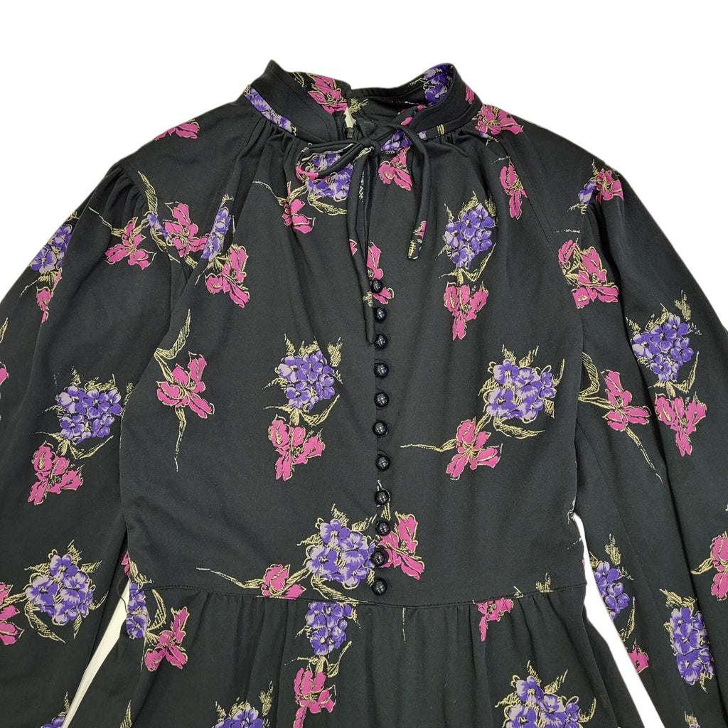 70s Vintage Black & Pink Floral Tied Neck Midi Dress Women's 10