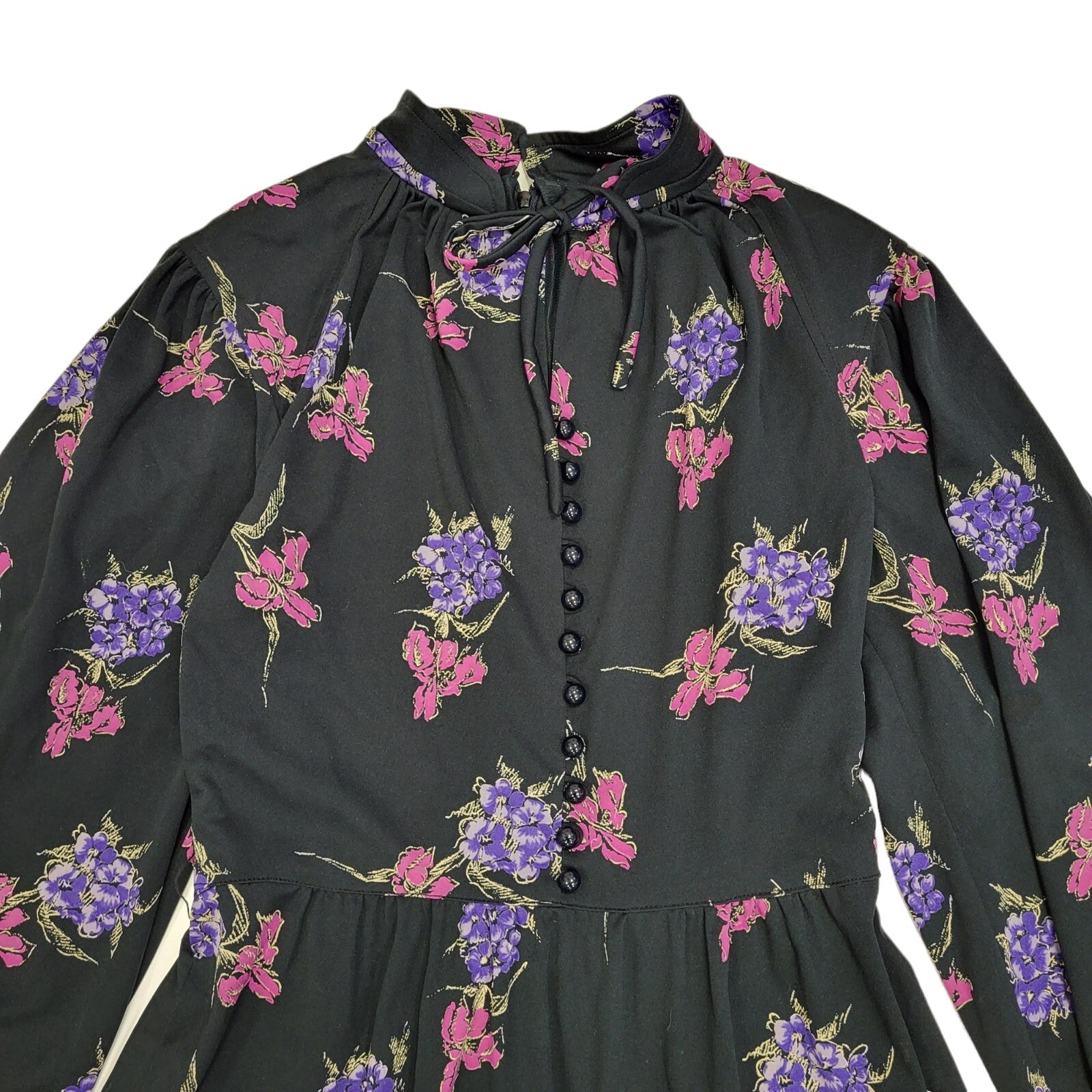70s Vintage Black & Pink Floral Tied Neck Midi Dress Women's 10