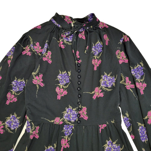 70s Vintage Black & Pink Floral Tied Neck Midi Dress Women's 10