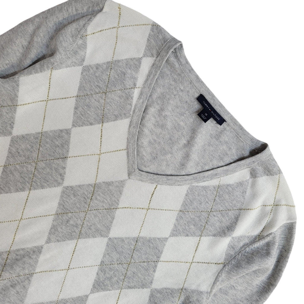 Tommy Hilfiger Y2K Grey & White Argyle V-Neck Jumper UK Women's Size M