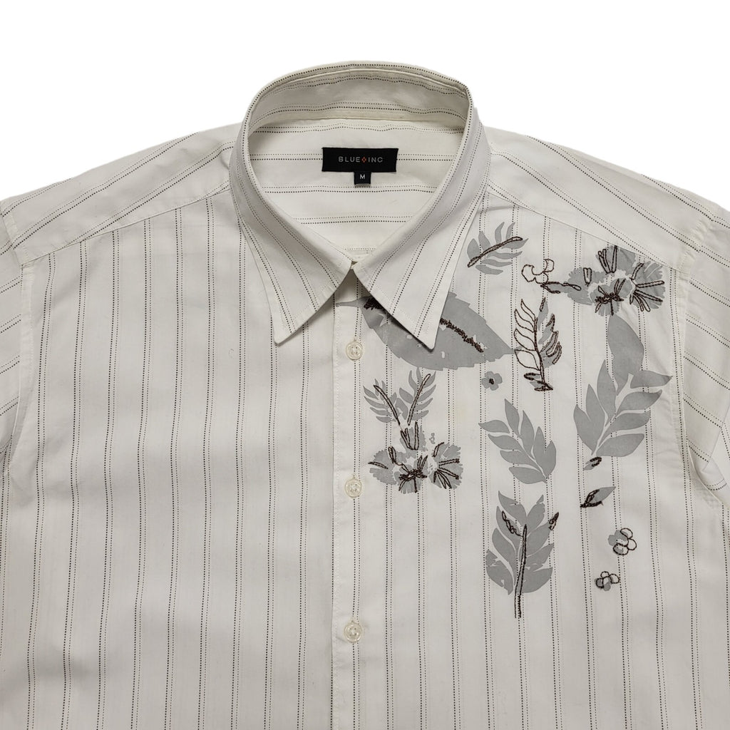 Blue Inc Vintage Y2K White Striped Floral Long Sleeve Shirt Mens UK Medium