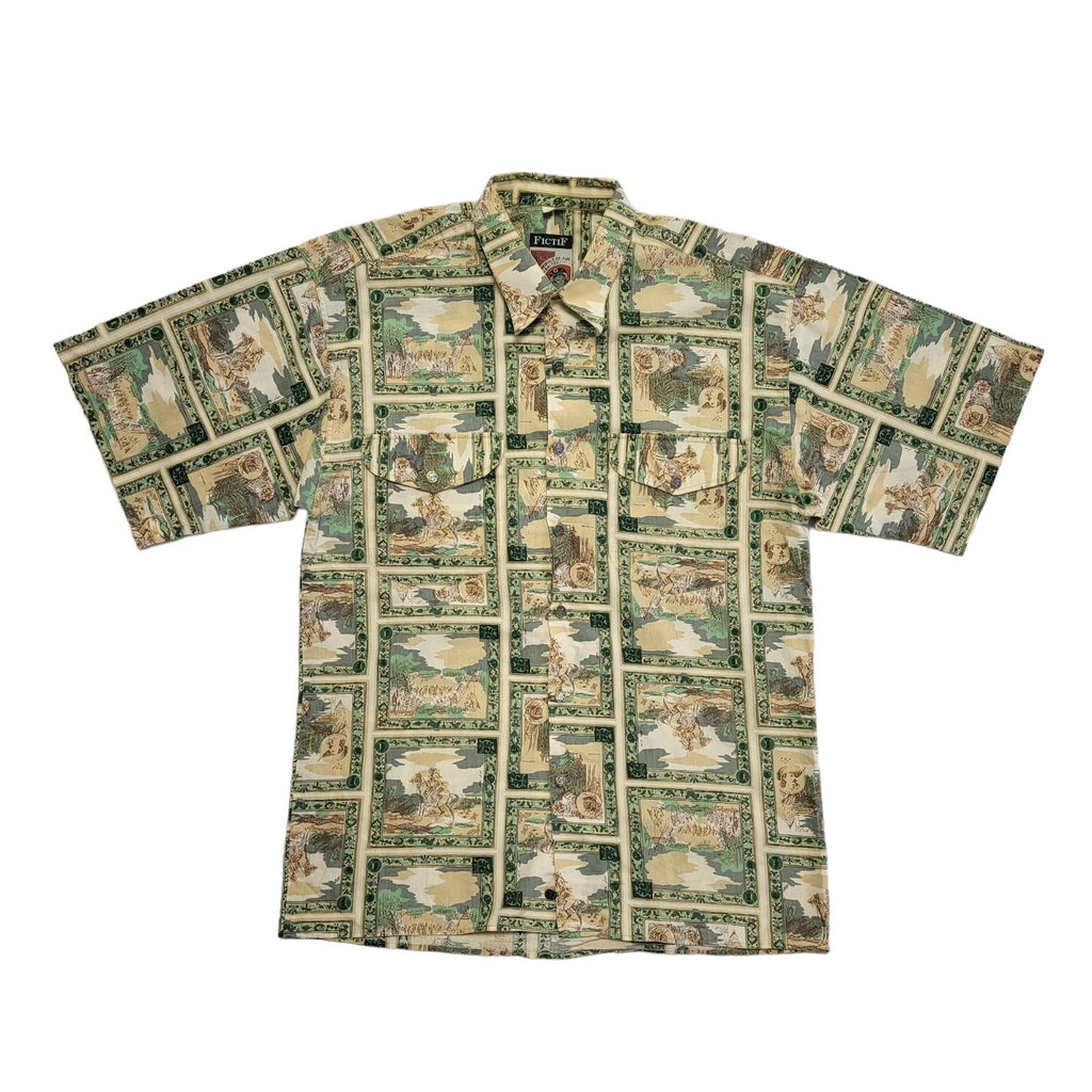 Fictif 90s Green Beige Abstract Short Sleeve Retro Shirt Uk Men's Size M