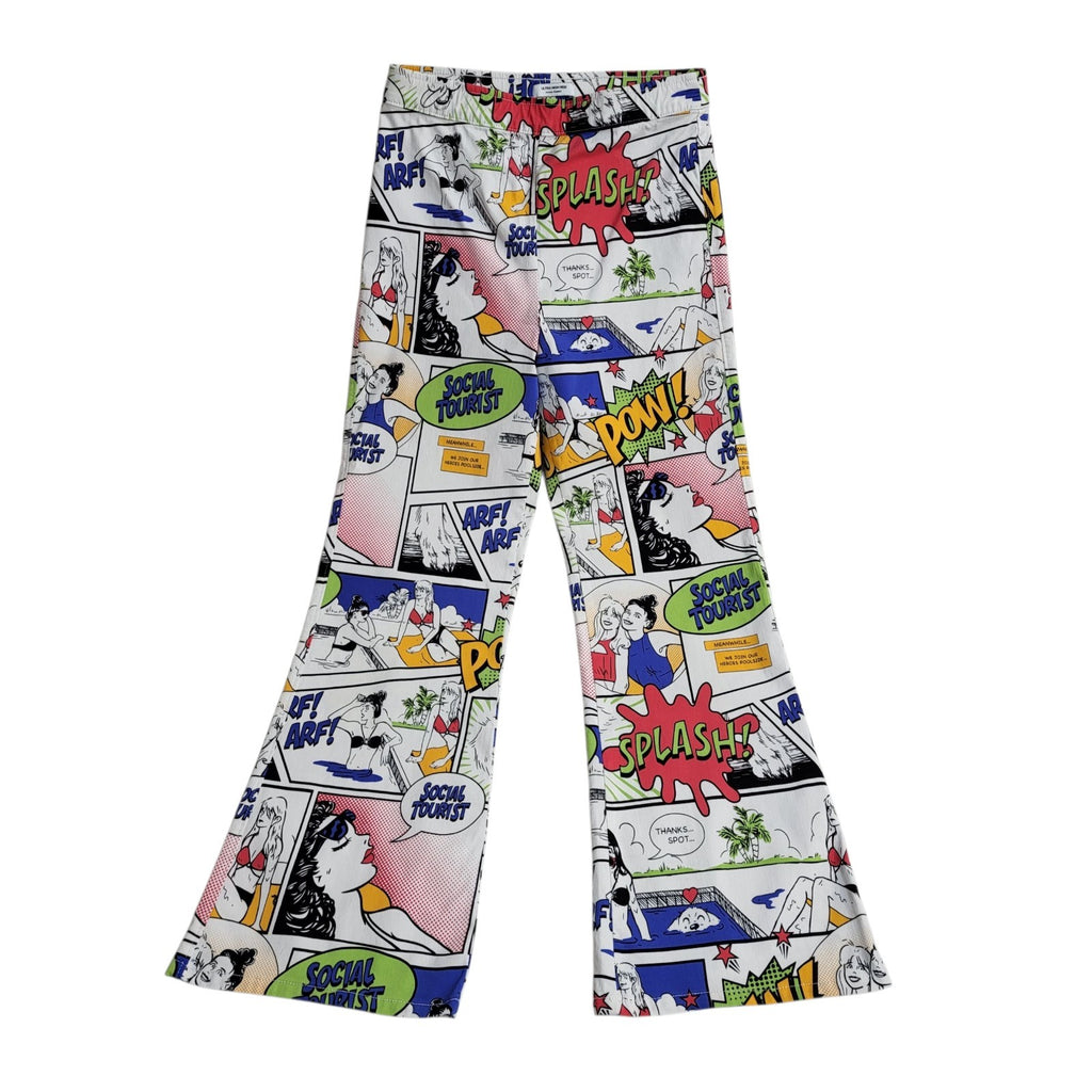 Social Tourist Trousers White Y2k Bootcut Comic Print Uk Women's Size S W26 L27
