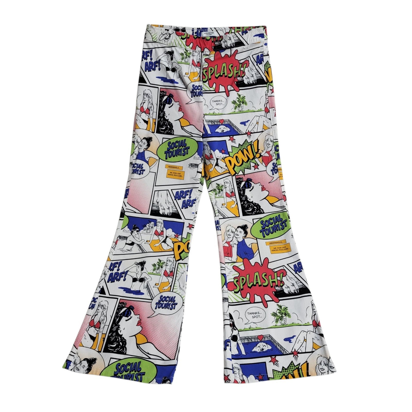 Social Tourist Trousers White Y2k Bootcut Comic Print Uk Women's Size S W26 L27