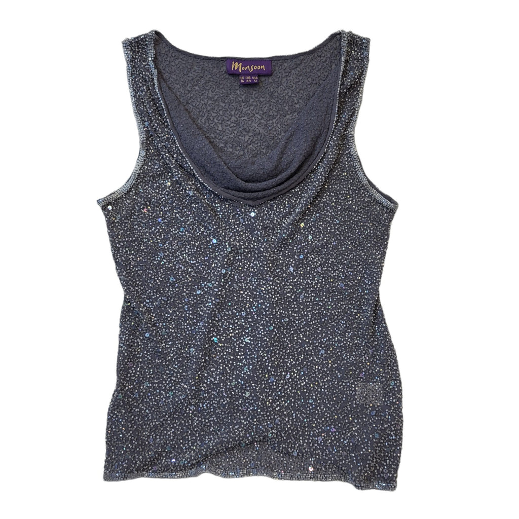 Monsoon 90s Vintage Grey Cowl Neck Beaded Sequin Vest Top Women's UK Size 16