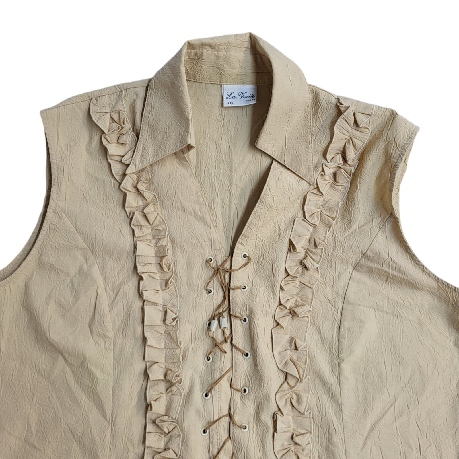 La Verite Beige Lace Up Ruffle Sleeveless Top 90's Women's UK Size XXL