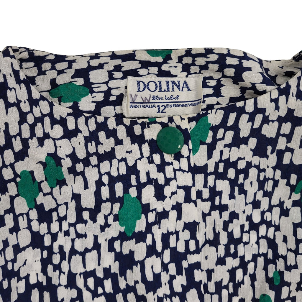 Dollina 80s Vintage Patterned Navy & White Belted Daywear Dress Women's 12