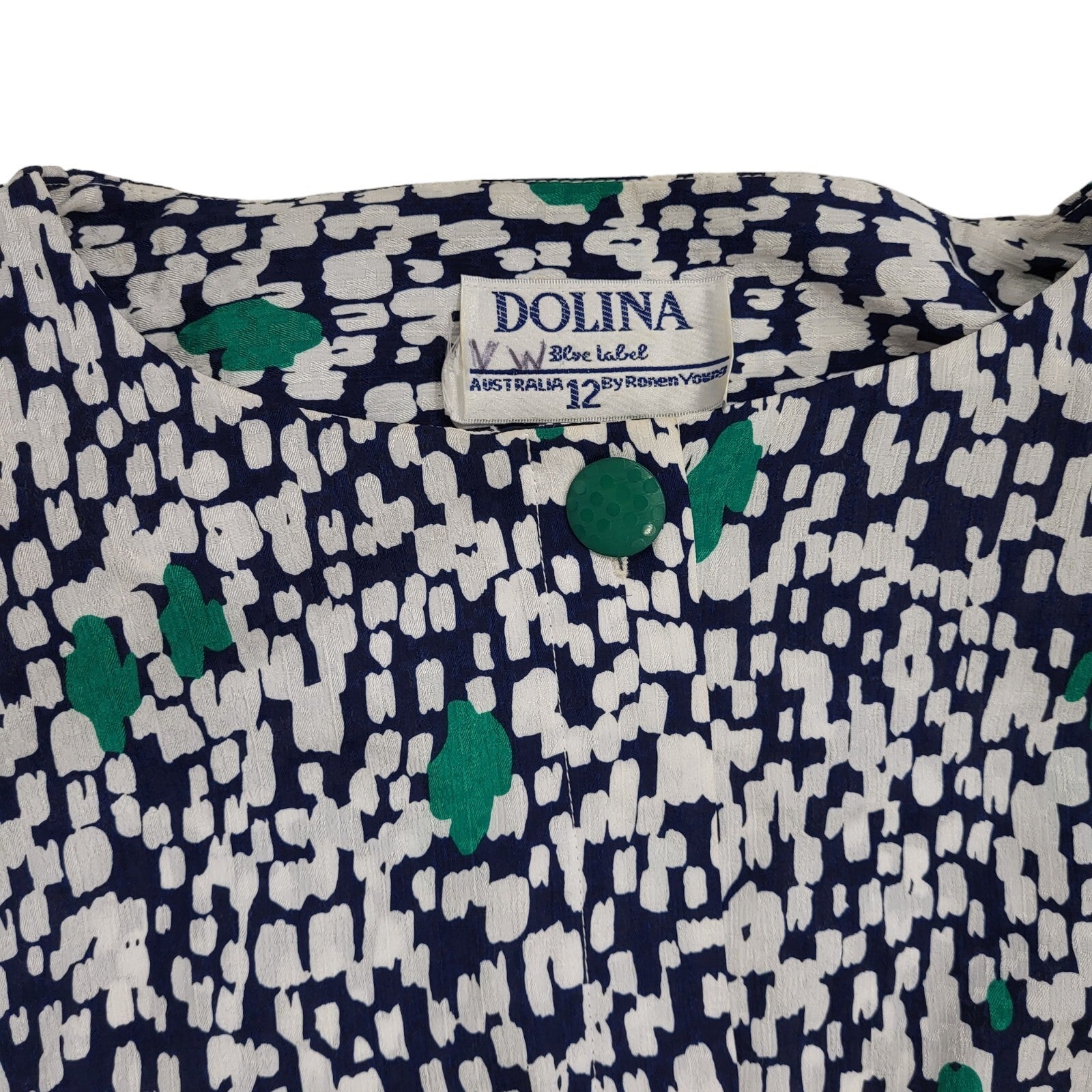 Dollina 80s Vintage Patterned Navy & White Belted Daywear Dress Women's 12