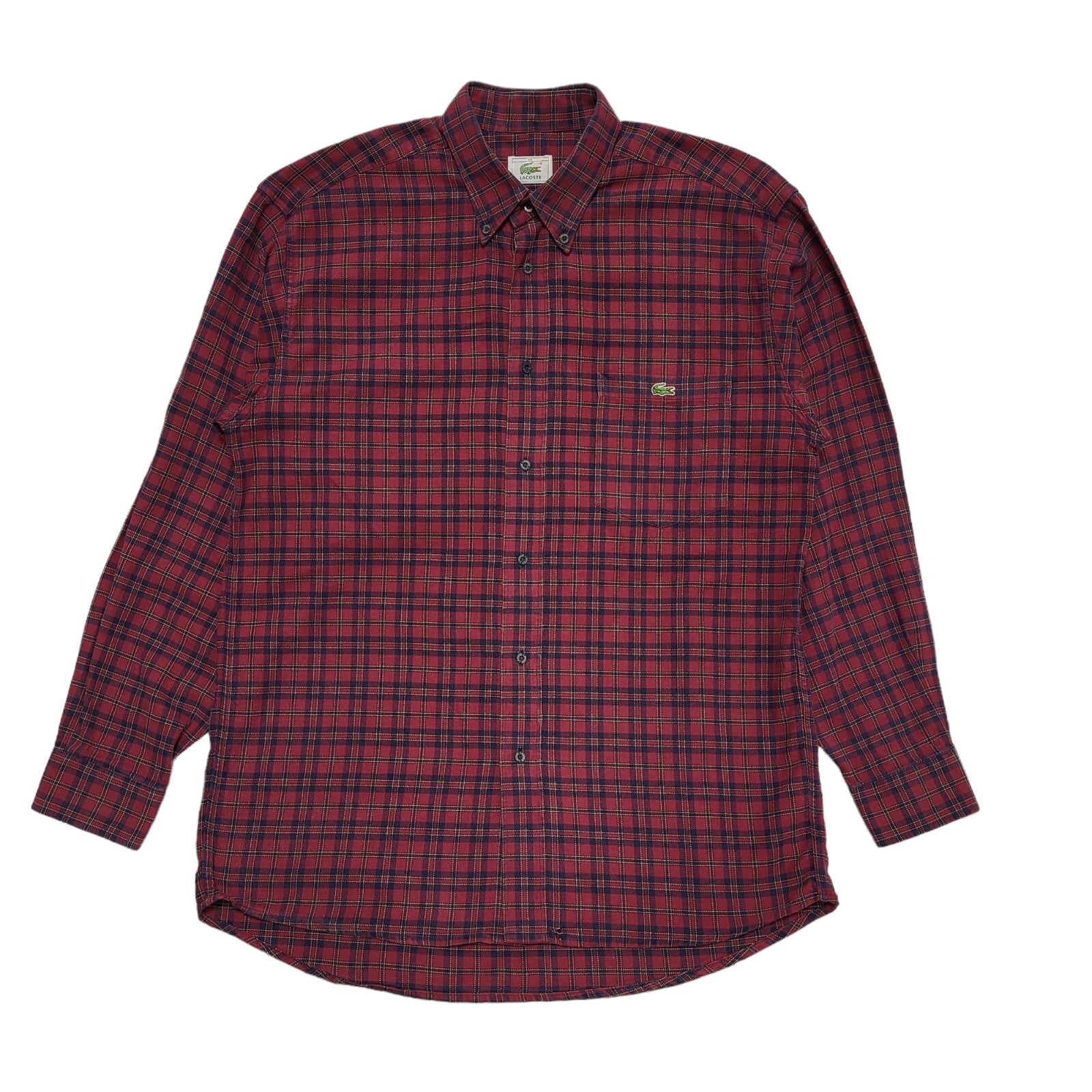 Lacoste Vintage Y2K Burgundy & Blue Checked Long Sleeve Shirt Mens UK Size M