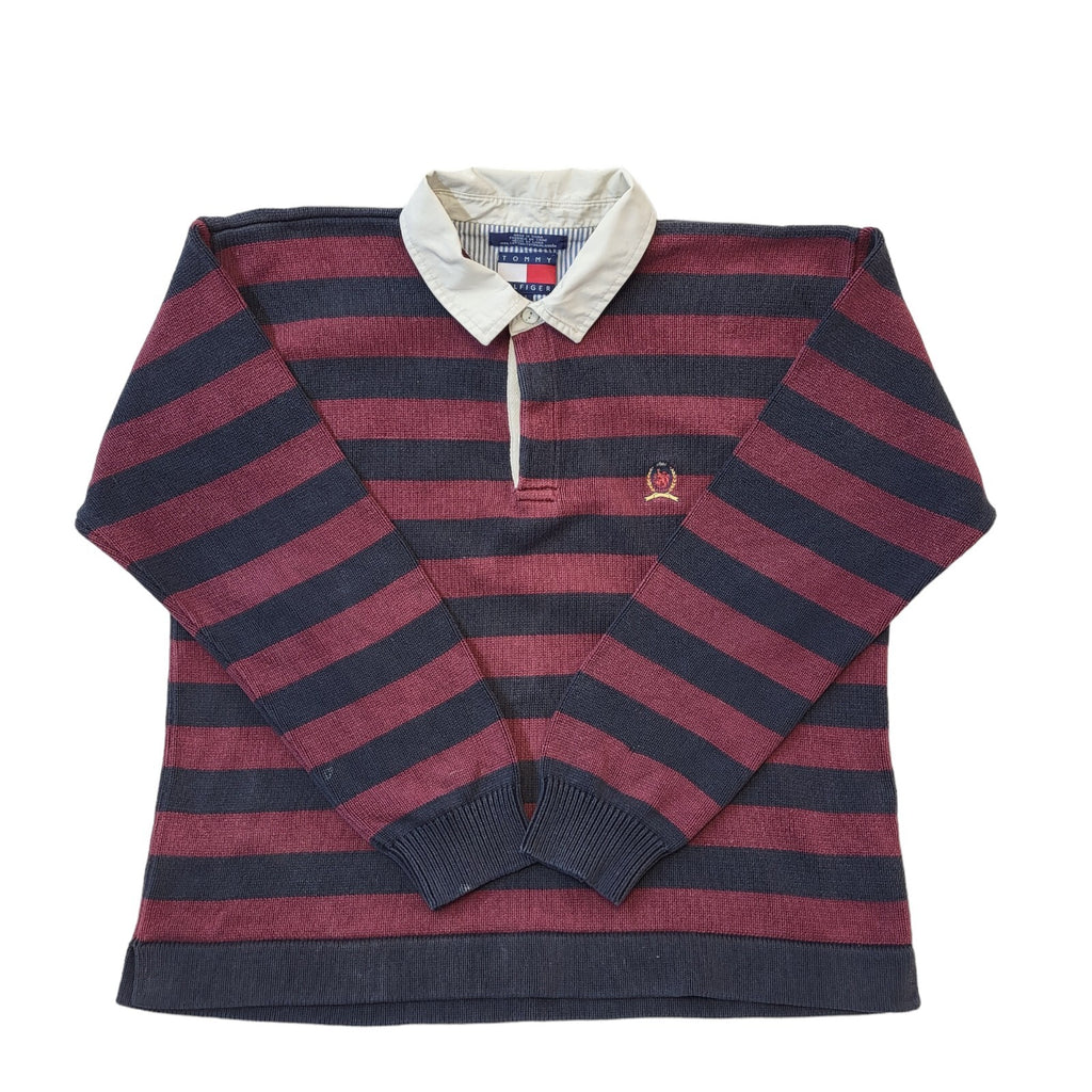 Tommy Hilfiger 90's Vintage Maroon & Black Stripe Collared Jumper Men's Size L