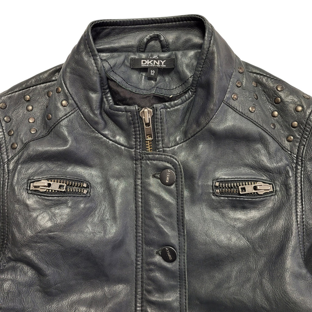 DKNY Black Y2K Vintage Zipped Leather Jacket Uk Girl's Age 12 Yrs
