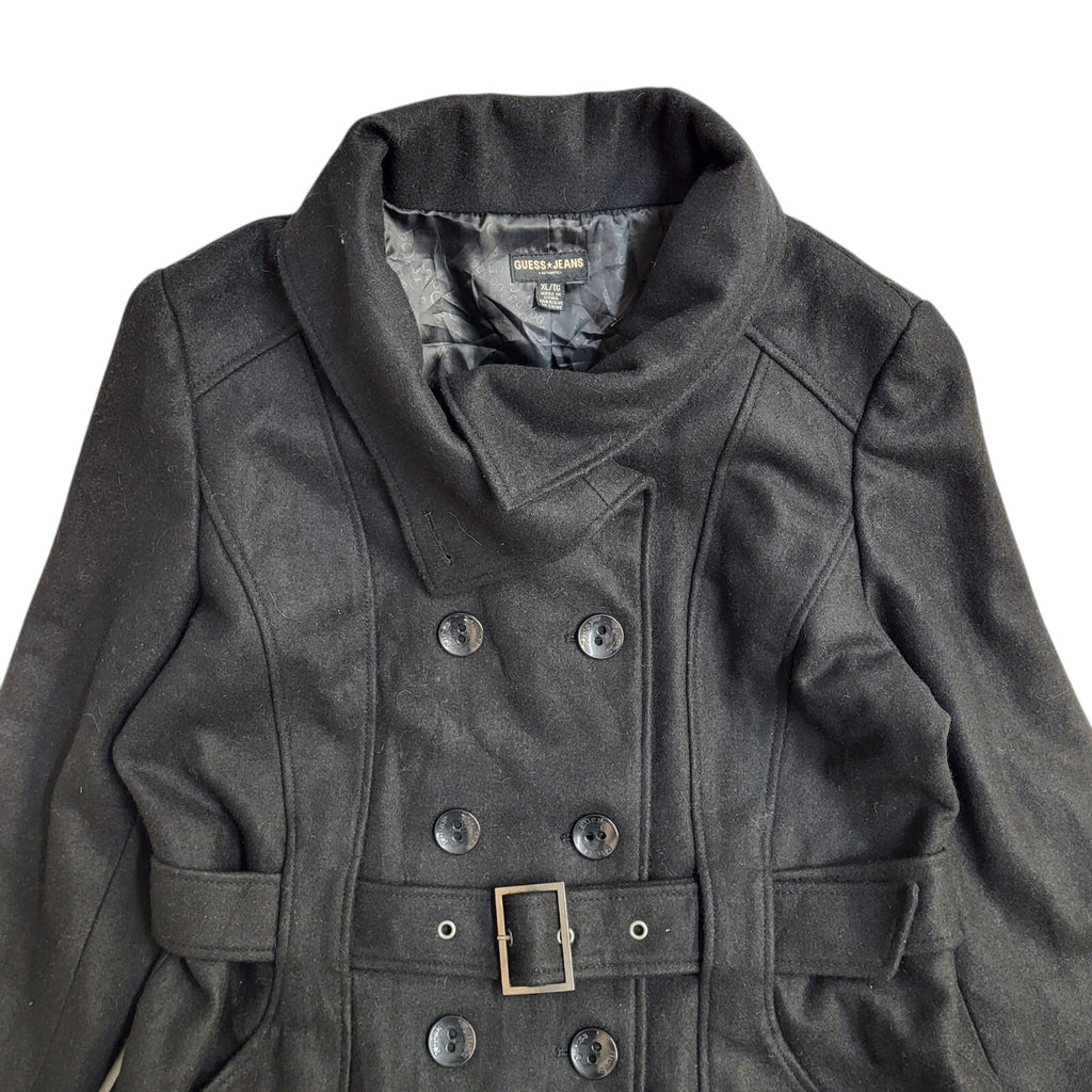 Guess Jeans Black Button Front Belted Coat 90s UK Women's Size XL