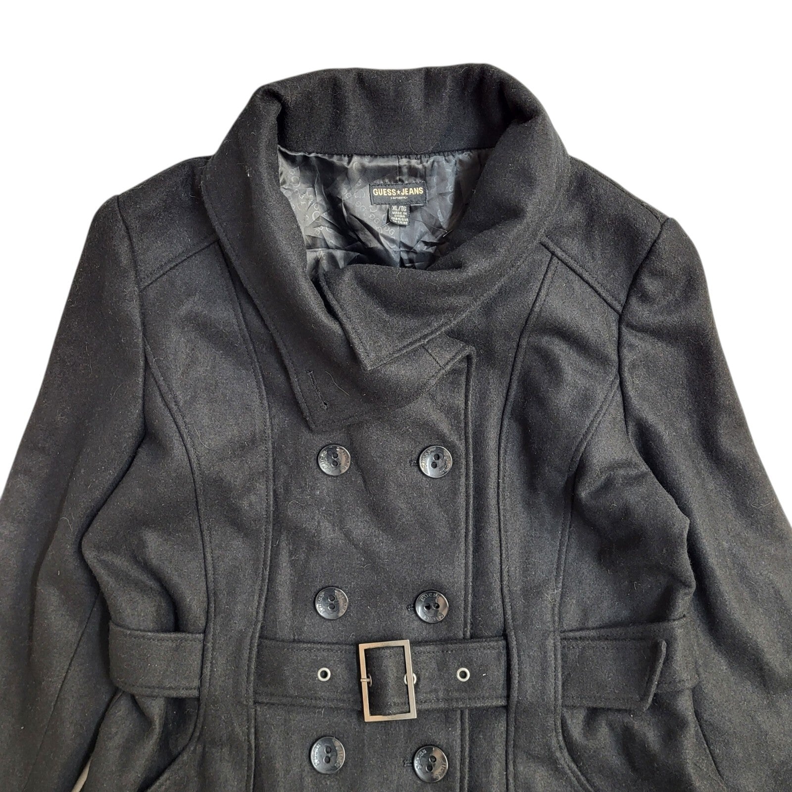 Guess Jeans Black Button Front Belted Coat 90s UK Women's Size XL