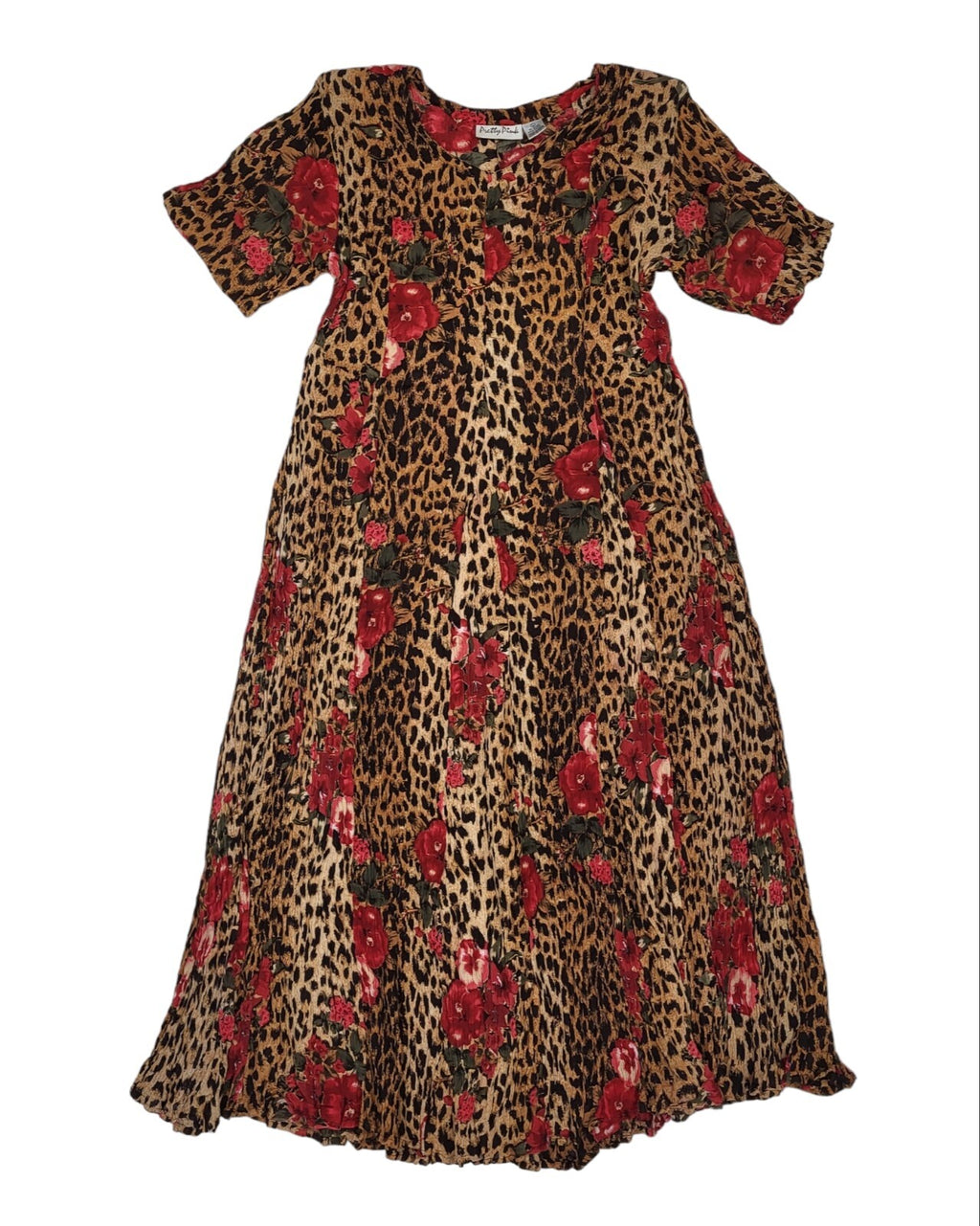 80s Vintage Pretty Pink Brown Leopard Print Fit & Flare Daywear Dress Women's L