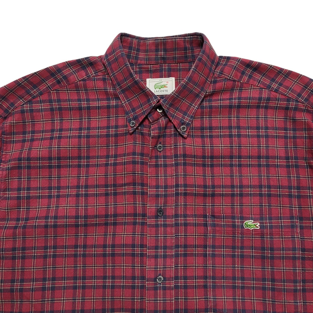 Lacoste Vintage Y2K Burgundy & Blue Checked Long Sleeve Shirt Mens UK Size M