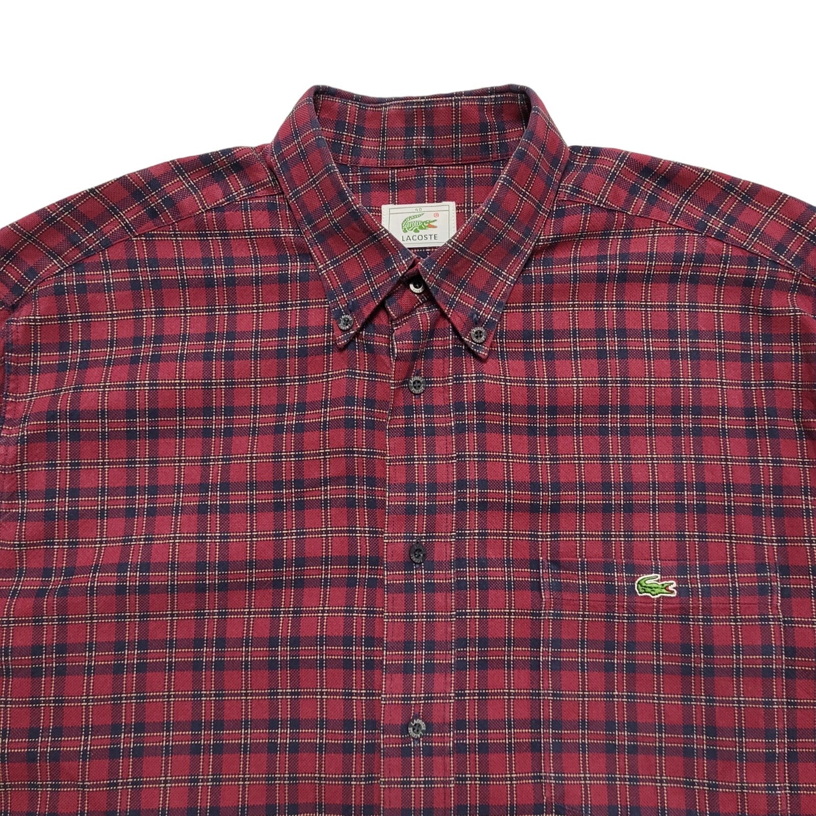 Lacoste Vintage Y2K Burgundy & Blue Checked Long Sleeve Shirt Mens UK Size M